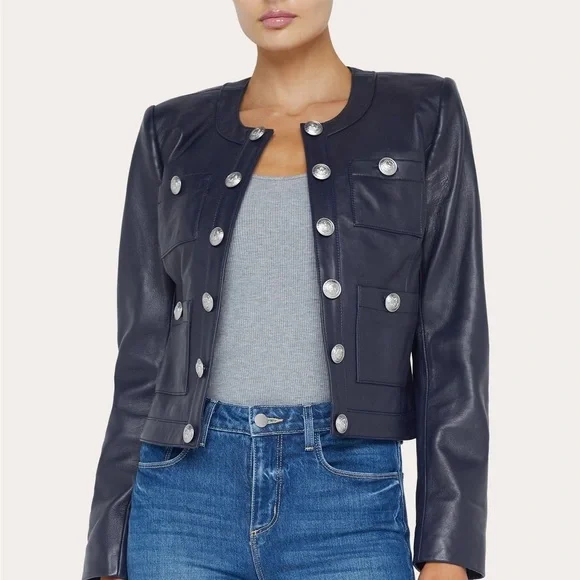 L’AGENCE Jayde Collarless Leather Jacket Midnight Sz 4 - Picture 13 of 13